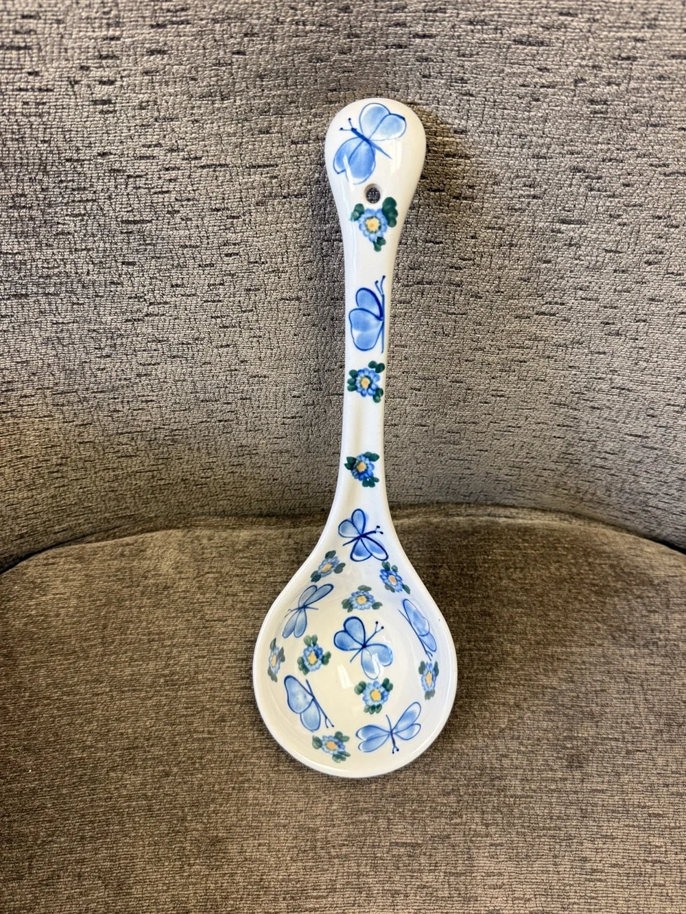 Polish Pottery Blue Butterfly & Floral Ceramic Large Ladle Signed A. Beszayi.